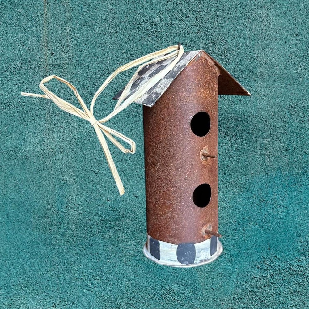 Rustic Cottagecore Metal Birdhouse with Raffia Hanger